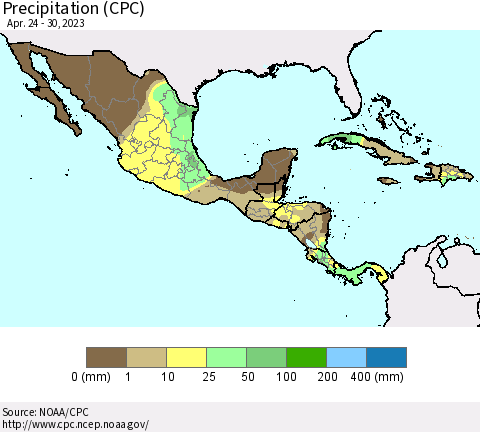 Mexico Central America and the Caribbean Precipitation (CPC) Thematic Map For 4/24/2023 - 4/30/2023