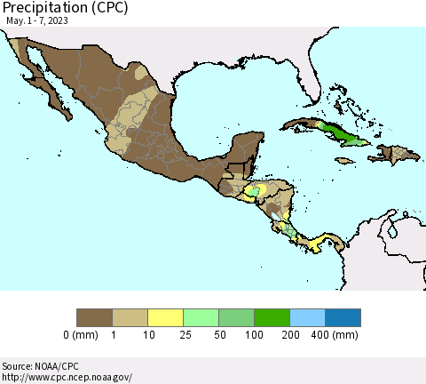 Mexico Central America and the Caribbean Precipitation (CPC) Thematic Map For 5/1/2023 - 5/7/2023