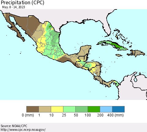 Mexico Central America and the Caribbean Precipitation (CPC) Thematic Map For 5/8/2023 - 5/14/2023