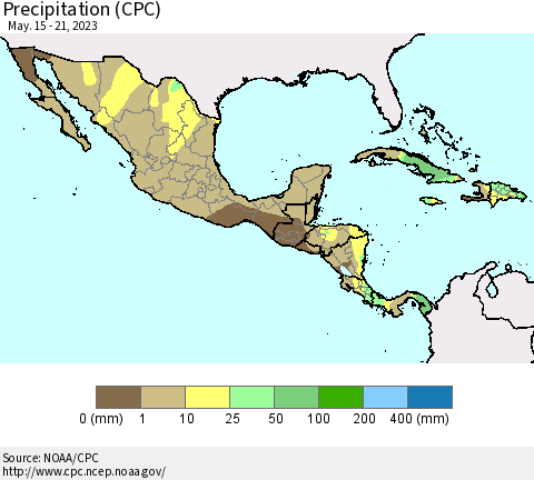 Mexico Central America and the Caribbean Precipitation (CPC) Thematic Map For 5/15/2023 - 5/21/2023