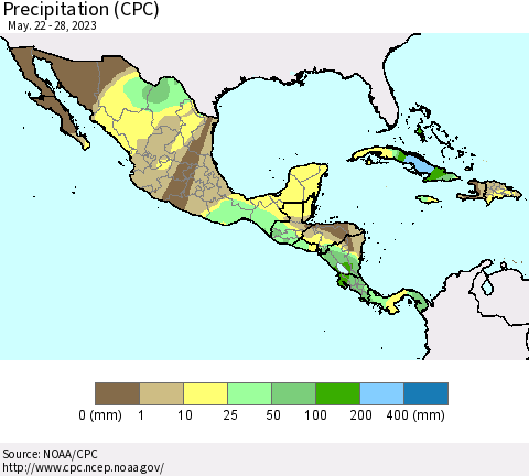 Mexico Central America and the Caribbean Precipitation (CPC) Thematic Map For 5/22/2023 - 5/28/2023