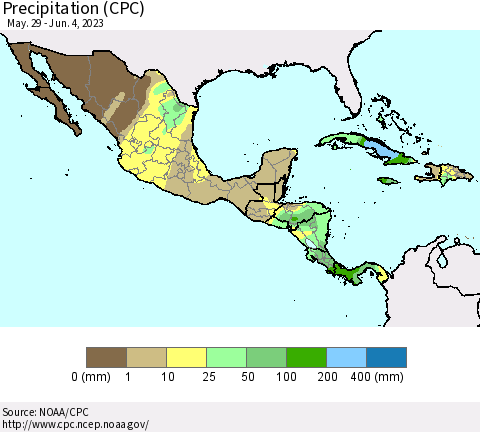Mexico Central America and the Caribbean Precipitation (CPC) Thematic Map For 5/29/2023 - 6/4/2023