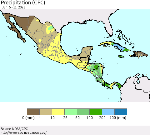 Mexico Central America and the Caribbean Precipitation (CPC) Thematic Map For 6/5/2023 - 6/11/2023