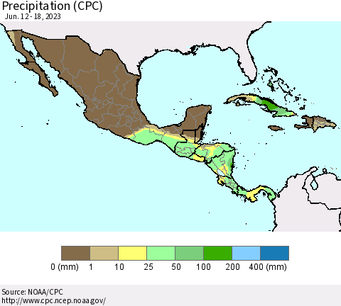 Mexico Central America and the Caribbean Precipitation (CPC) Thematic Map For 6/12/2023 - 6/18/2023