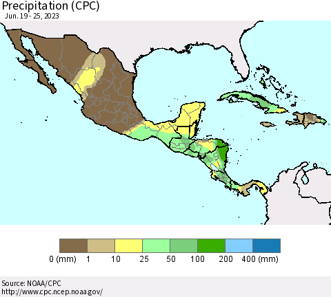 Mexico Central America and the Caribbean Precipitation (CPC) Thematic Map For 6/19/2023 - 6/25/2023