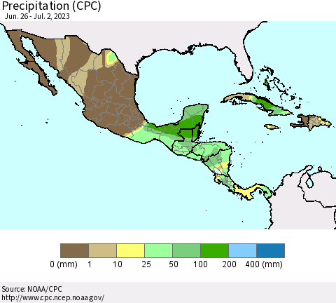 Mexico Central America and the Caribbean Precipitation (CPC) Thematic Map For 6/26/2023 - 7/2/2023