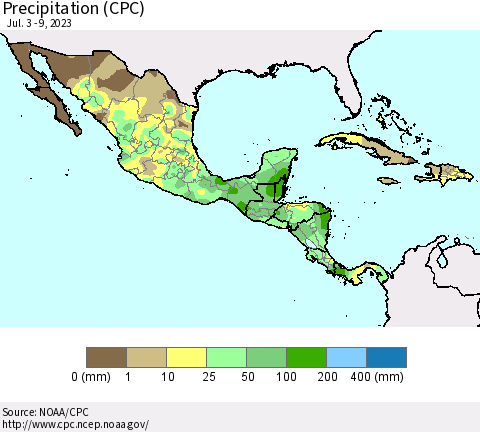 Mexico Central America and the Caribbean Precipitation (CPC) Thematic Map For 7/3/2023 - 7/9/2023