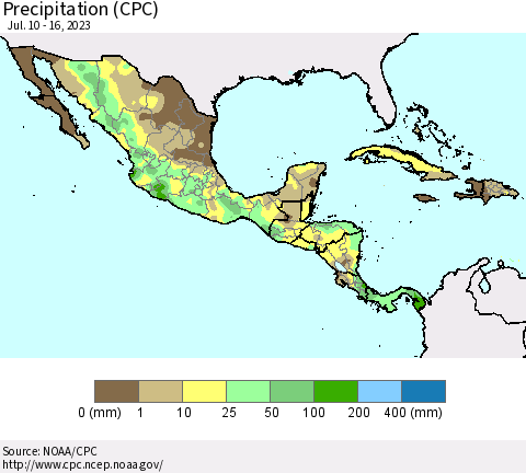 Mexico Central America and the Caribbean Precipitation (CPC) Thematic Map For 7/10/2023 - 7/16/2023