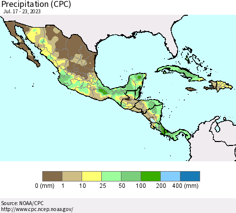 Mexico Central America and the Caribbean Precipitation (CPC) Thematic Map For 7/17/2023 - 7/23/2023