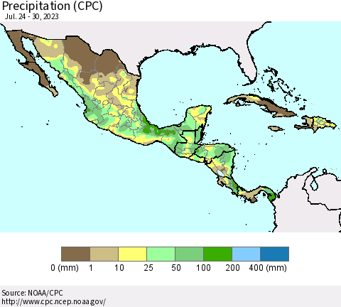 Mexico Central America and the Caribbean Precipitation (CPC) Thematic Map For 7/24/2023 - 7/30/2023