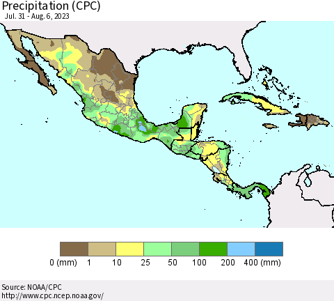 Mexico Central America and the Caribbean Precipitation (CPC) Thematic Map For 7/31/2023 - 8/6/2023
