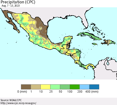 Mexico Central America and the Caribbean Precipitation (CPC) Thematic Map For 8/7/2023 - 8/13/2023