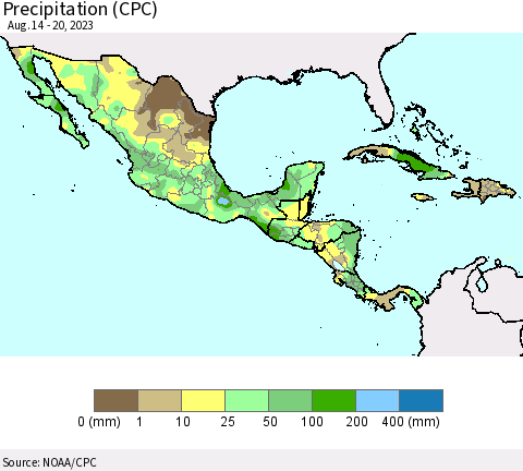 Mexico Central America and the Caribbean Precipitation (CPC) Thematic Map For 8/14/2023 - 8/20/2023