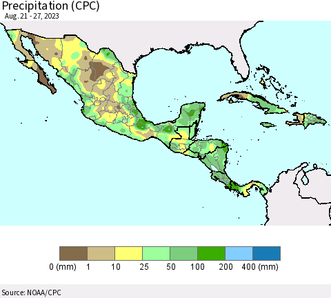 Mexico Central America and the Caribbean Precipitation (CPC) Thematic Map For 8/21/2023 - 8/27/2023