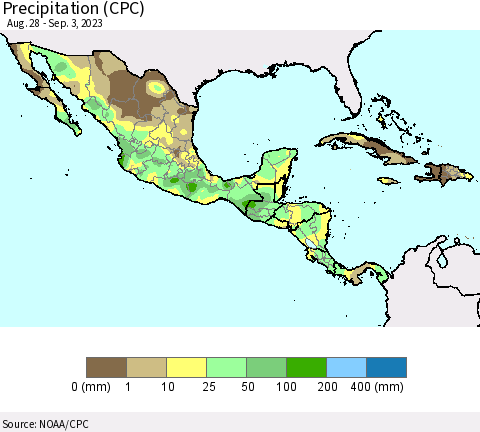 Mexico Central America and the Caribbean Precipitation (CPC) Thematic Map For 8/28/2023 - 9/3/2023