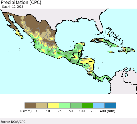 Mexico Central America and the Caribbean Precipitation (CPC) Thematic Map For 9/4/2023 - 9/10/2023