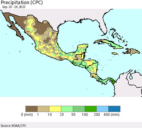 Mexico Central America and the Caribbean Precipitation (CPC) Thematic Map For 9/18/2023 - 9/24/2023