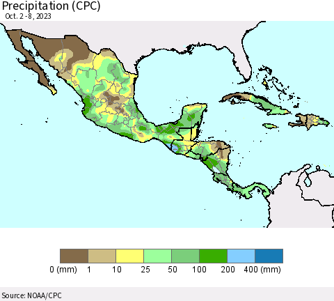 Mexico Central America and the Caribbean Precipitation (CPC) Thematic Map For 10/2/2023 - 10/8/2023