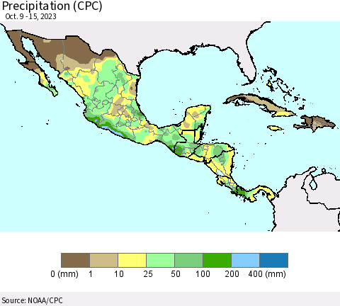 Mexico Central America and the Caribbean Precipitation (CPC) Thematic Map For 10/9/2023 - 10/15/2023