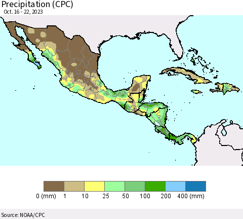 Mexico Central America and the Caribbean Precipitation (CPC) Thematic Map For 10/16/2023 - 10/22/2023