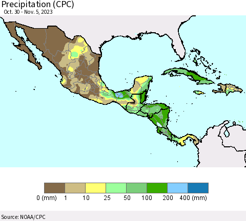 Mexico Central America and the Caribbean Precipitation (CPC) Thematic Map For 10/30/2023 - 11/5/2023