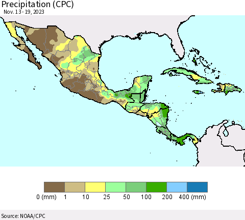 Mexico Central America and the Caribbean Precipitation (CPC) Thematic Map For 11/13/2023 - 11/19/2023
