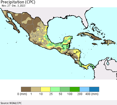 Mexico Central America and the Caribbean Precipitation (CPC) Thematic Map For 11/27/2023 - 12/3/2023