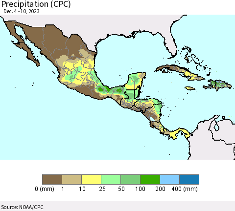 Mexico Central America and the Caribbean Precipitation (CPC) Thematic Map For 12/4/2023 - 12/10/2023