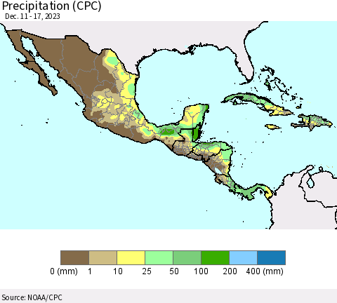 Mexico Central America and the Caribbean Precipitation (CPC) Thematic Map For 12/11/2023 - 12/17/2023