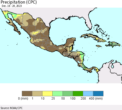 Mexico Central America and the Caribbean Precipitation (CPC) Thematic Map For 12/18/2023 - 12/24/2023
