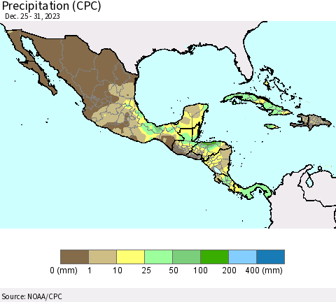 Mexico Central America and the Caribbean Precipitation (CPC) Thematic Map For 12/25/2023 - 12/31/2023