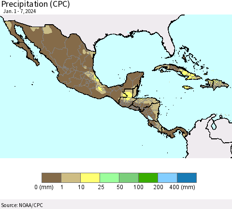 Mexico Central America and the Caribbean Precipitation (CPC) Thematic Map For 1/1/2024 - 1/7/2024