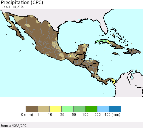 Mexico Central America and the Caribbean Precipitation (CPC) Thematic Map For 1/8/2024 - 1/14/2024