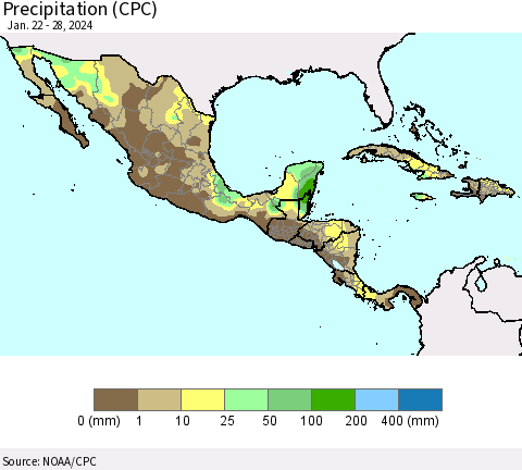 Mexico Central America and the Caribbean Precipitation (CPC) Thematic Map For 1/22/2024 - 1/28/2024