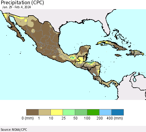 Mexico Central America and the Caribbean Precipitation (CPC) Thematic Map For 1/29/2024 - 2/4/2024
