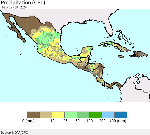 Mexico Central America and the Caribbean Precipitation (CPC) Thematic Map For 2/12/2024 - 2/18/2024
