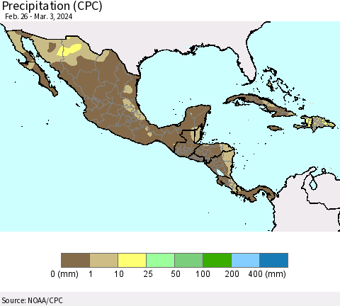 Mexico Central America and the Caribbean Precipitation (CPC) Thematic Map For 2/26/2024 - 3/3/2024