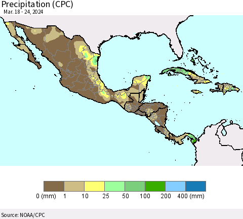 Mexico Central America and the Caribbean Precipitation (CPC) Thematic Map For 3/18/2024 - 3/24/2024
