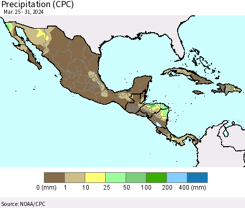 Mexico Central America and the Caribbean Precipitation (CPC) Thematic Map For 3/25/2024 - 3/31/2024