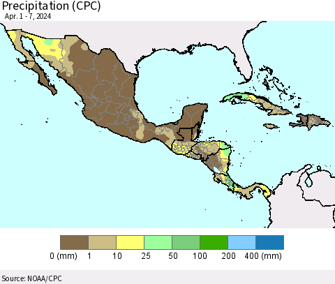 Mexico Central America and the Caribbean Precipitation (CPC) Thematic Map For 4/1/2024 - 4/7/2024
