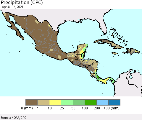 Mexico Central America and the Caribbean Precipitation (CPC) Thematic Map For 4/8/2024 - 4/14/2024