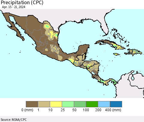 Mexico Central America and the Caribbean Precipitation (CPC) Thematic Map For 4/15/2024 - 4/21/2024