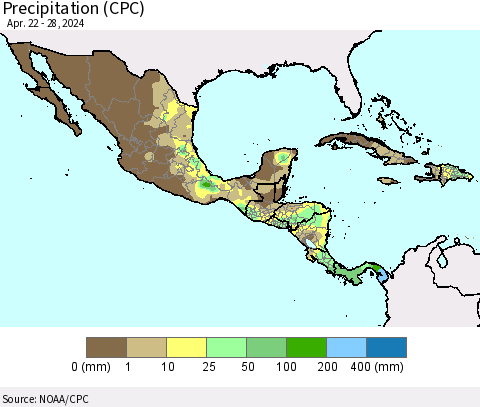 Mexico Central America and the Caribbean Precipitation (CPC) Thematic Map For 4/22/2024 - 4/28/2024