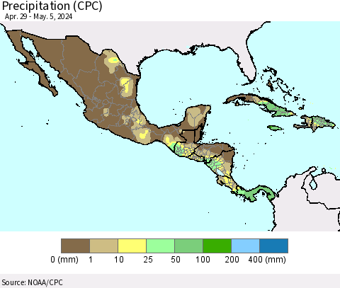 Mexico Central America and the Caribbean Precipitation (CPC) Thematic Map For 4/29/2024 - 5/5/2024