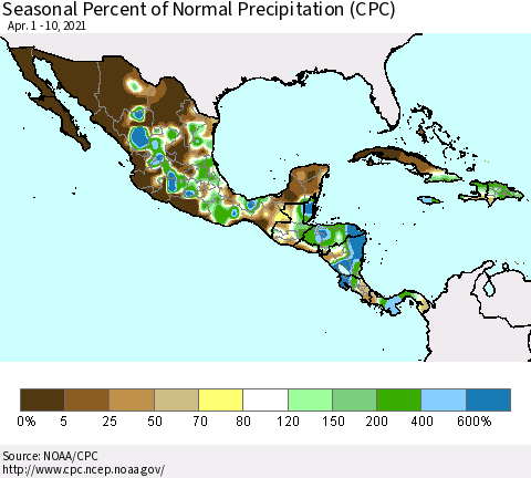 Mexico Central America and the Caribbean Seasonal Percent of Normal Precipitation (CPC) Thematic Map For 4/1/2021 - 4/10/2021