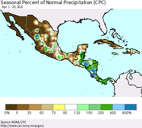 Mexico Central America and the Caribbean Seasonal Percent of Normal Precipitation (CPC) Thematic Map For 4/1/2021 - 4/20/2021