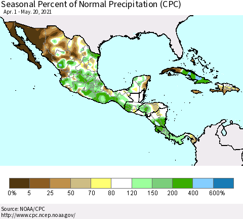 Mexico Central America and the Caribbean Seasonal Percent of Normal Precipitation (CPC) Thematic Map For 4/1/2021 - 5/20/2021