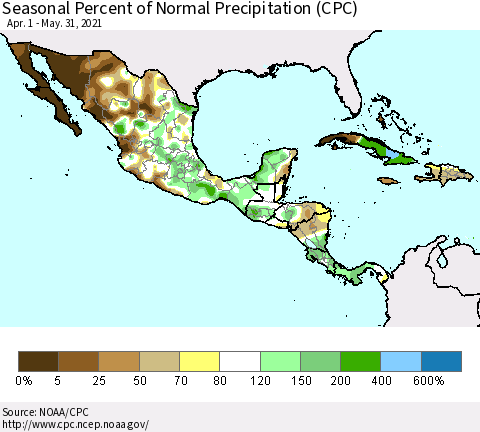 Mexico Central America and the Caribbean Seasonal Percent of Normal Precipitation (CPC) Thematic Map For 4/1/2021 - 5/31/2021