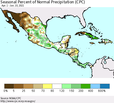 Mexico Central America and the Caribbean Seasonal Percent of Normal Precipitation (CPC) Thematic Map For 4/1/2021 - 6/10/2021