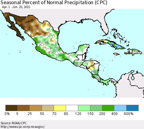 Mexico Central America and the Caribbean Seasonal Percent of Normal Precipitation (CPC) Thematic Map For 4/1/2021 - 6/20/2021